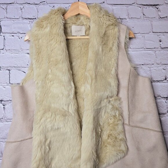Loft Faux Leather Tan Cream Neutral Outerwear Shawl Cascade Open Vest Size M - Picture 3 of 12